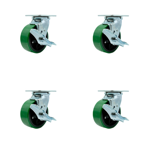 5 Inch Green Poly on Cast Iron Swivel Caster Set with Ball Bearings and Brakes
